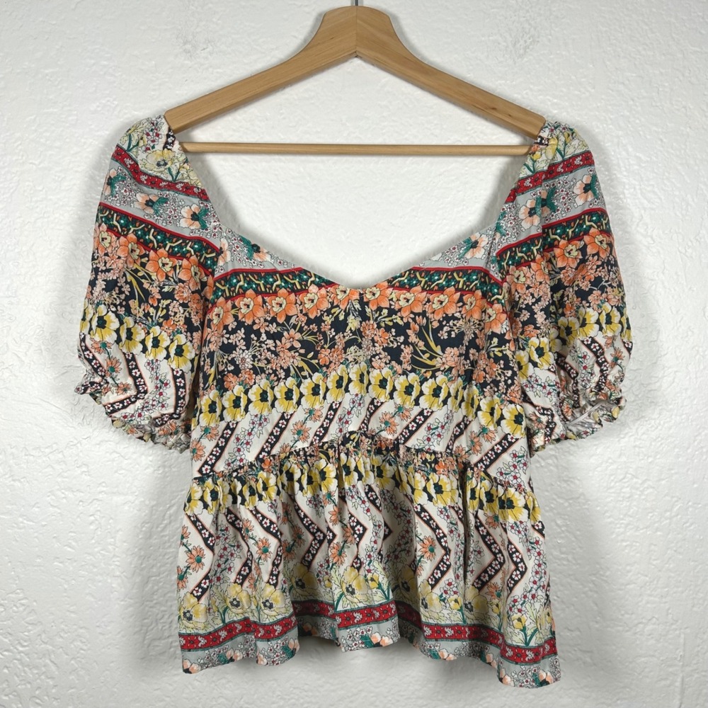 O'Neill Multicolor Floral Puff Sleeve Smocked Back Peplum Top Size M